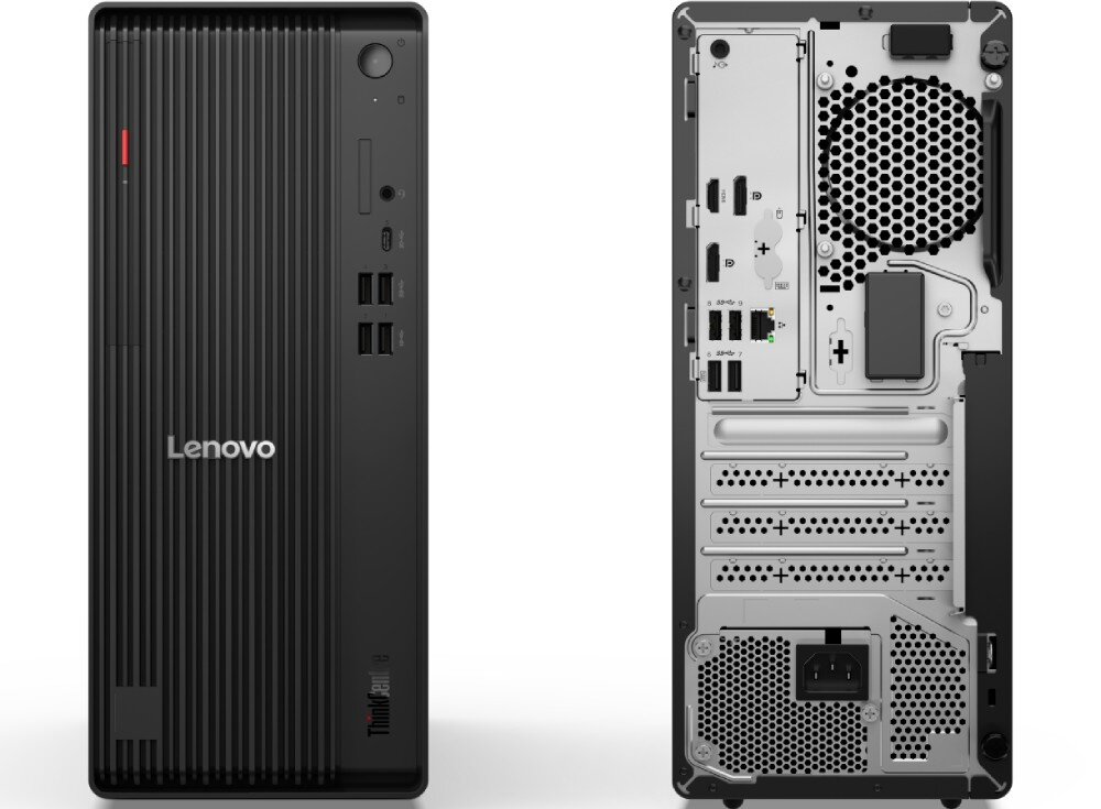 Komputer LENOVO ThinkCentre M70t Gen 6 Zestawienie przedniego i tylnego panelu czarnej obudowy komputera, panel przedni użebrowany z logiem i portami, panel tylny metalowy z licznymi portami i złączem zasilania, porty, złącza, łączność