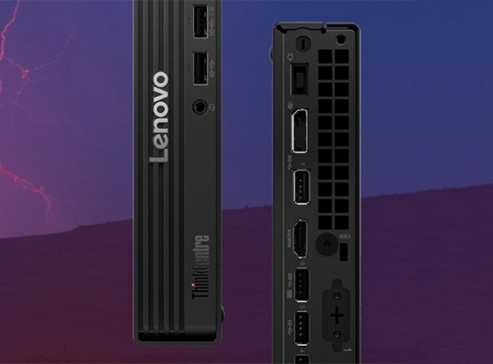 Komputer LENOVO ThinkCentre M70Q Gen 6 Zbliżenie na przedni i tylny panel czarnego komputera stacjonarnego typu mini PC na fioletowym tle z motywem błyskawicy, opis