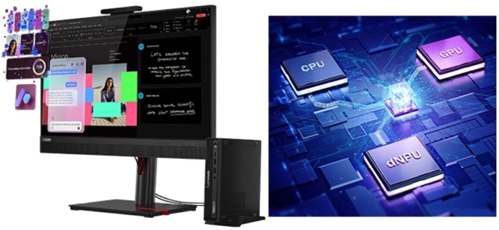 Komputer LENOVO ThinkCentre M70Q Gen 6 Zestawienie komputera mini PC podłączonego do monitora z grafiką procesorów CPU, GPU i dNPU na niebieskim tle, procesor, rdzenie, wydajność