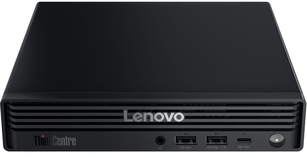 Komputer LENOVO ThinkCentre M70Q Gen 6 Przedni panel czarnego urządzenia z widocznym logotypem, przyciskiem zasilania, portem USB-C, dwoma portami USB oraz wejściem audio, AI, funkcje, narzędzia
