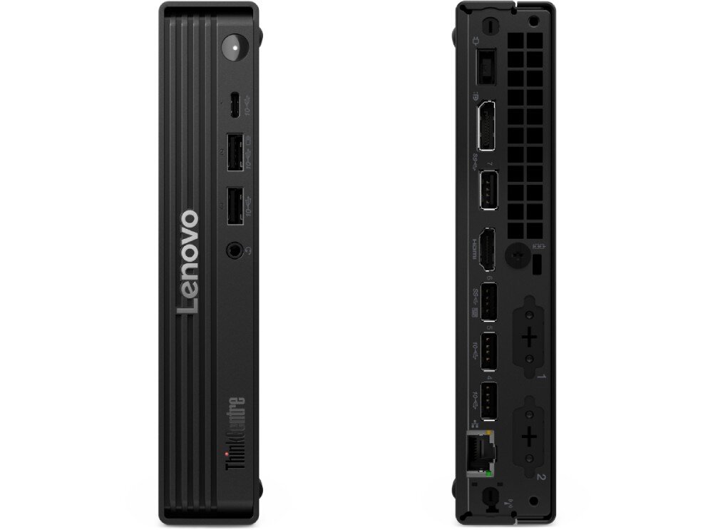 Komputer LENOVO ThinkCentre M70Q Gen 6 Widok na przedni i tylny panel czarnego urządzenia pokazujący rozmieszczenie portów USB, HDMI, DisplayPort oraz gniazda sieciowego, obudowa, wytrzymałość