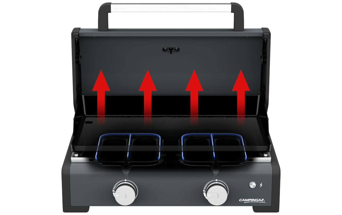 Grill gazowy CAMPINGAZ ONYX 2, temperatura, porównanie, mniejsze, gaz, na białym tle grill frontem na wprost z wizualizacją palników