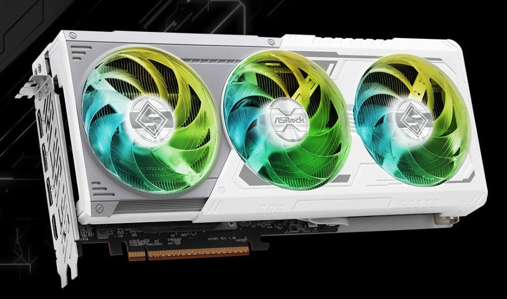 Komputer MAD DOG LIANLI-WH-A01WR64WP Karta graficzna z trzema wentylatorami w odcieniach zieleni, żółci i niebieskiego, na czarnym tle, karta graficzna, wydajność, architektura, technologie