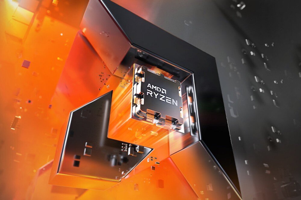 Komputer MAD DOG Powered by Gigabyte C500-ICE-A01WR32WP Grafika przedstawiająca procesor AMD Ryzen na tle pomarańczowej, futurystycznej kompozycji. Chip otoczony jest elementami przypominającymi obwody elektroniczne, procesor, rdzenie, szybkość, technologie