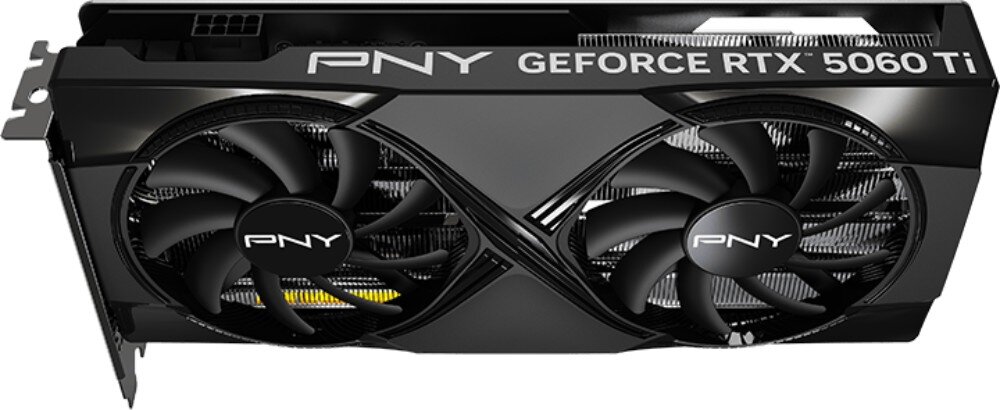 Karta graficzna PNY GeForce RTX 5060 Ti OC Dual Fan 8GB Górna krawędź karty graficznej z widocznym gniazdem zasilania oraz białymi napisami informującymi o modelu i marce