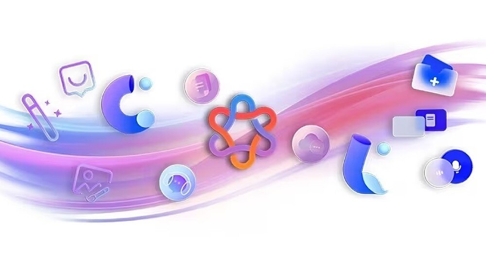 Komputer LENOVO Yoga F0HX0010PB Kolorowa grafika z ikonami przedstawiającymi różne elementy cyfrowe na tle falujących, różowo-niebieskich linii, technologie, Lenovo AI Now, szyfrowanie