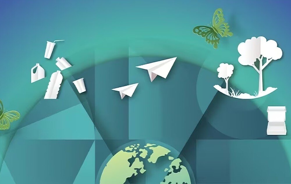 Komputer LENOVO Yoga F0HX0010PB Ilustracja z papierowymi sylwetkami drzew, motyla, samolotów i przedmiotów z tworzyw sztucznych na tle kuli ziemskiej i zielonego gradientu, ekologia