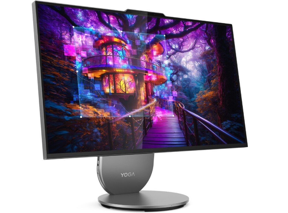Komputer LENOVO Yoga F0J2001FPB Ekran komputera all-in-one z cienkimi ramkami, wyświetlający kolorową grafikę z domkiem na drzewie w lesie oświetlonym fioletowym i pomarańczowym światłem, opis
