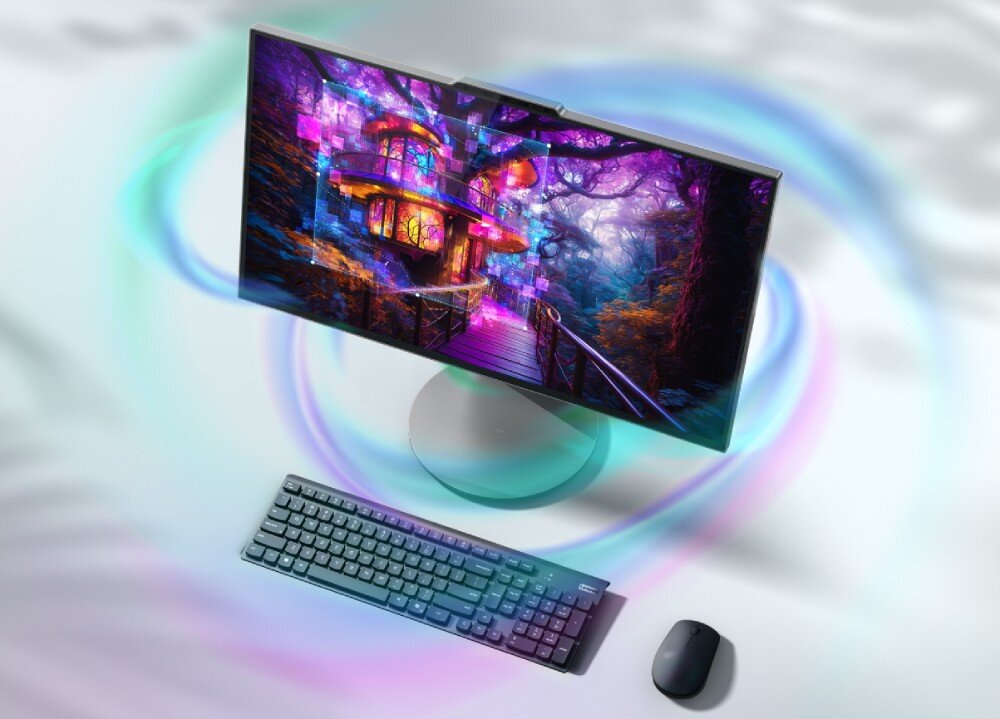 Komputer LENOVO Yoga F0J2001FPB Komputer all-in-one z klawiaturą i myszą na biurku, wokół którego rozchodzą się kolorowe, świetliste fale w odcieniach błękitu i fioletu, ekran, przekątna, matryca, rozdzielczość
