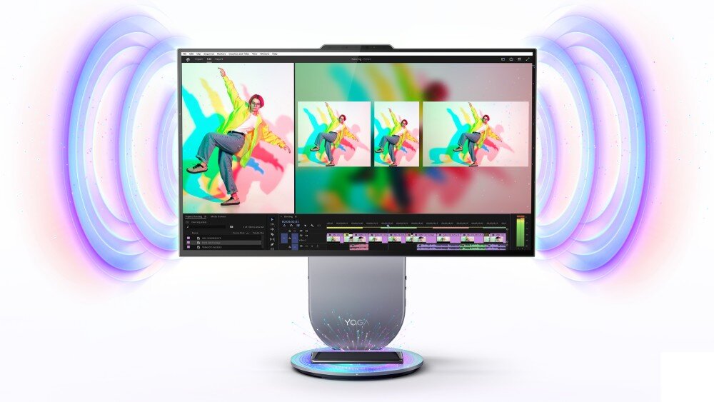Komputer LENOVO Yoga F0J2001FPB Ekran komputera z uruchomionym oprogramowaniem do edycji wideo, przedstawiający kolorowe zdjęcie tancerza i świetliste kręgi dźwięku po bokach, głośniki, kamera, zasłona