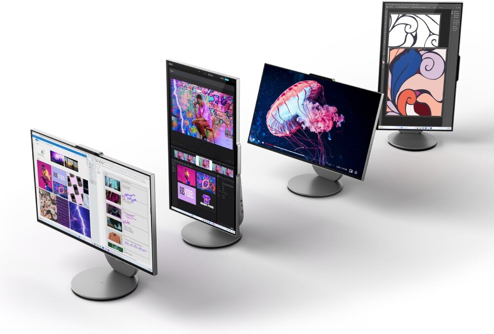 Komputer LENOVO Yoga F0J2001FPB Cztery komputery all-in-one ustawione w różnych pozycjach ekranu, jeden w pionie, inne w poziomie, z różnymi kolorowymi obrazami i interfejsami na ekranach, porty, złącza, łączność