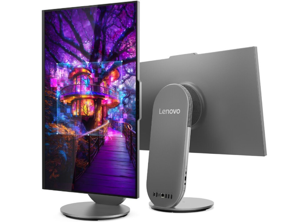 Komputer LENOVO Yoga F0J2001FPB Komputer all-in-one w orientacji pionowej, obok drugi egzemplarz widoczny od tyłu z logo producenta i portami w dolnej części obudowy, styl, obudowa, ekologia