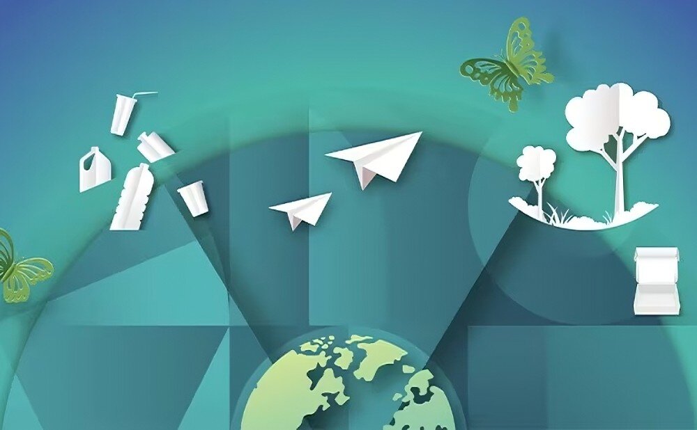 Komputer LENOVO Yoga F0J2001FPB Ilustracja w odcieniach zieleni i błękitu przedstawiająca papierowe samoloty, drzewa, motyla i Ziemię, symbolizująca ekologię i recykling, klawiatura, mysz,