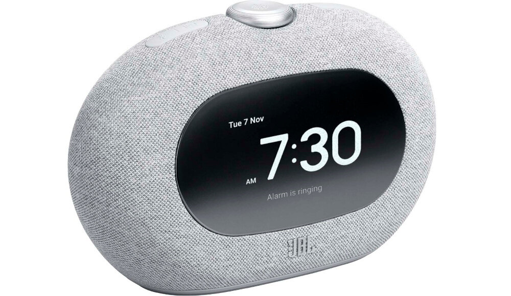 Radiobudzik JBL Horizon 3 port USB C ładowanie telefonu, radiobudzik po skosie na białym tle