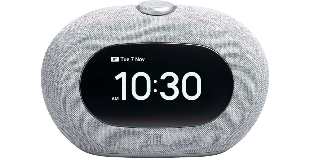 Radiobudzik JBL Horizon 3 aplikacja JBL ONE sterowanie funkcjami, radiobudzik od frontu na białym tle