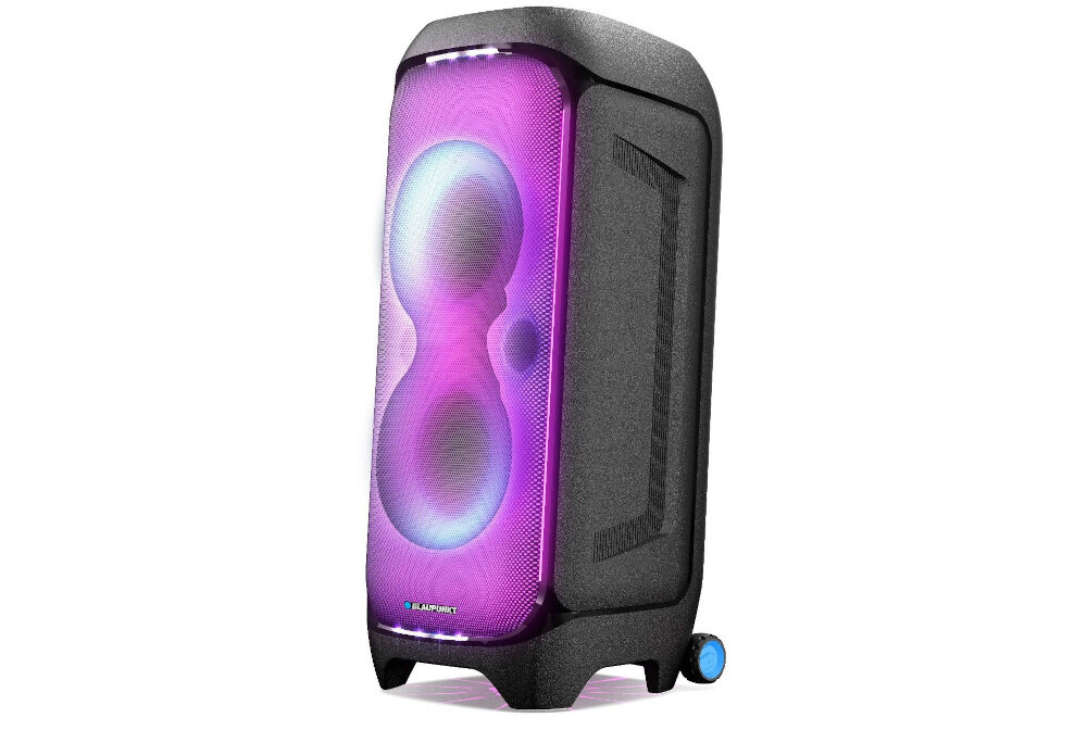 Power audio BLAUPUNKT PB100X - Aplikacja w roli centrum, Extra Bass, kolory LED, urządzenie pod skosem na białym tle