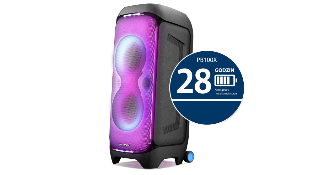 Power audio BLAUPUNKT PB100X - Długi czas pracy, Akumulator 12V/15Ah, do 28 godzin przy 30% głośności, Ładowanie trwa około 8 godzin, power audio stojące po skosie na białym tle