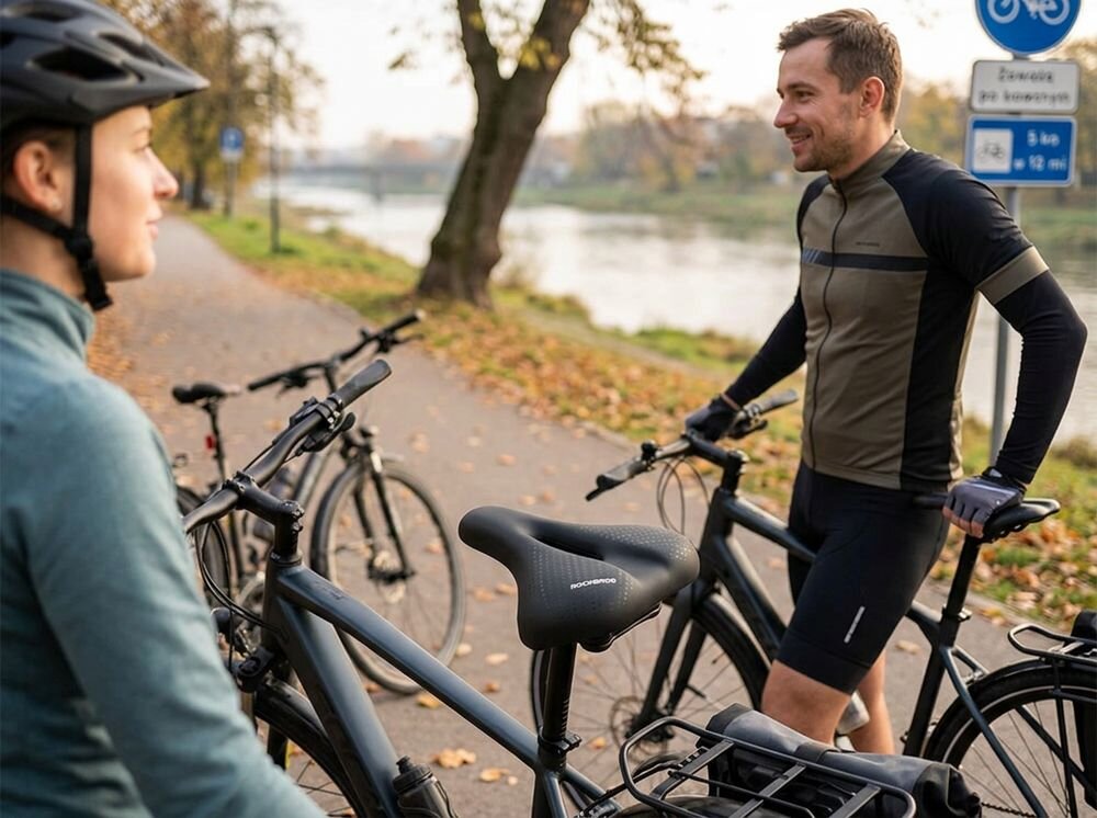 Siodełko ROCKBROS 38218916001, rower, wygoda, szerokie, ergonomia, Rowerzyści rozmawiający podczas przerwy nad rzeką.