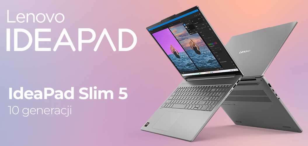 Lenovo IdeaPad Slim 5 10. generacji – laptop w srebrnej obudowie, dwa laptopy prezentujące ekran z programem graficznym na pastelowym tle, logo Lenovo IdeaPad. 