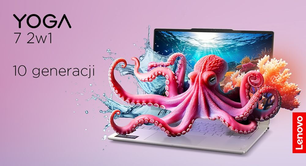 Laptop Lenovo Yoga 7 2w1 10. generacji z ekranem dotykowym, z którego wyłania się realistyczna grafika ośmiornicy i rafy koralowej, symbolizująca kreatywność i wszechstronność urządzenia.