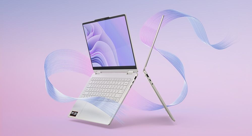 Laptop Lenovo Yoga 7 2w1 10. generacji w jasnej obudowie, widok z boku i z przodu na pastelowym tle, podkreślający ultralekkość, smukły design z systemem Windows 11. - Szybkie ładowanie Rapid Charge Express