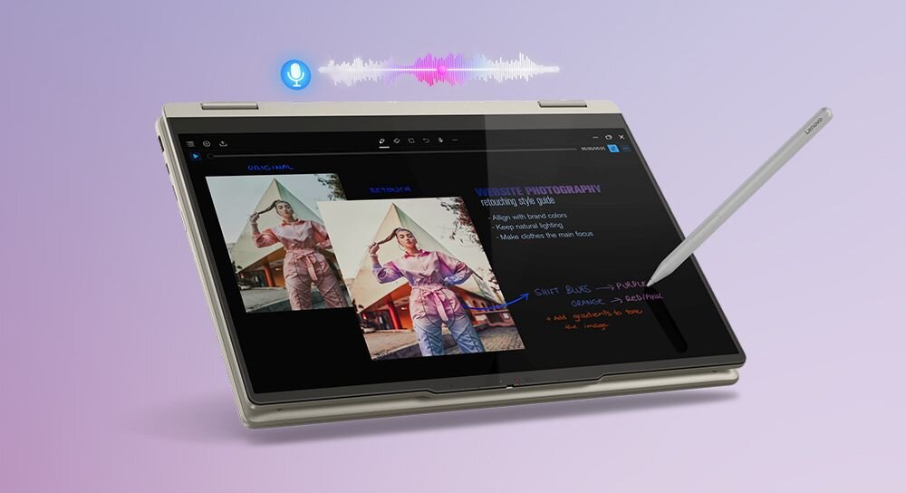 Lenovo Yoga 7 2w1 10. generacji w trybie tabletu z piórkiem cyfrowym Yoga Pen, edytujący przewodnik fotograficzny na ekranie dotykowym, z wizualizacją poleceń głosowych. - Rysik Yoga Pen