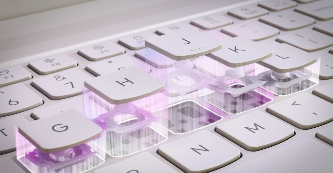 Klawiatura laptopa Lenovo Yoga z białymi klawiszami i wizualizacją technologii AMD Ryzen AI pod przyciskami - Klawiatura Yoga 