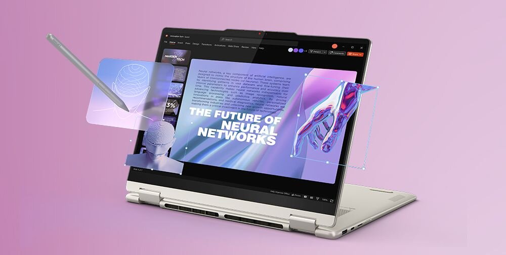 Laptop Lenovo Yoga 7 2w1 10. generacji z systemem Windows 11 i aplikacją Copilot – widok na ekran z asystentem AI, smukłą, jasną obudowę i precyzyjną klawiaturę. - Copilot+ PC,