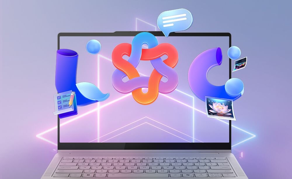 Laptop Lenovo Yoga 7 2w1 10. generacji z asystentem AI – ekran z kolorową grafiką i dymkami czatu, podkreślający inteligentne funkcje i design urządzenia. - Asystent LENOVO AI Now