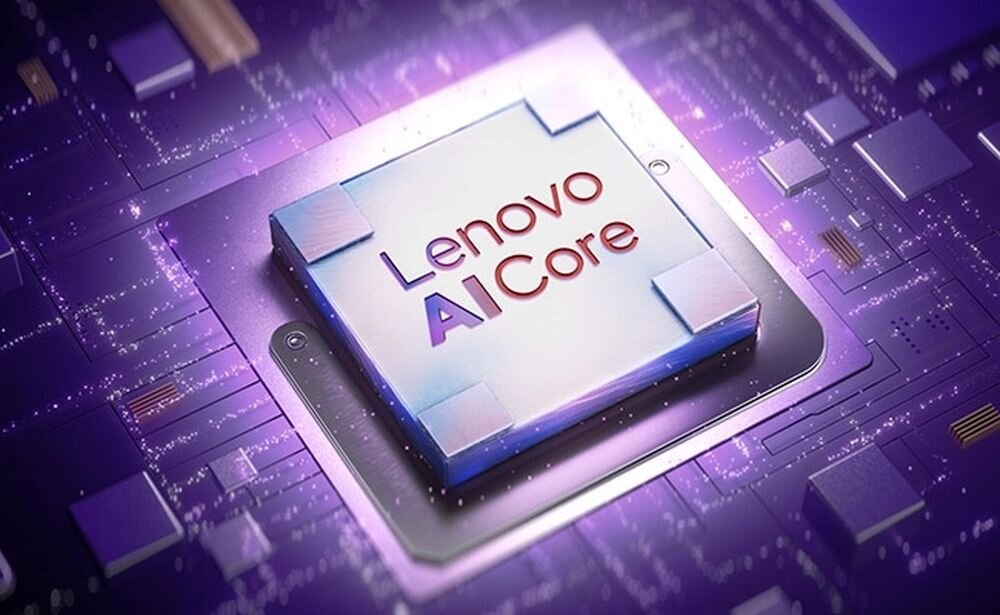 Procesor Lenovo AI Core na fioletowej płycie głównej – wizualizacja technologii sztucznej inteligencji w laptopach Lenovo Yoga 7 2w1 10. generacji, zwiększającej wydajność i inteligentne funkcje. - LENOVO AI Core, CPU, NPU, iGPU