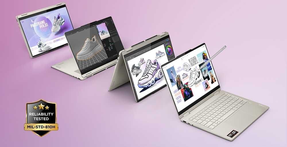 Cztery laptopy Lenovo Yoga 7 2w1 10. generacji w różnych trybach pracy – laptop, tablet, namiot i podstawka, z certyfikatem wytrzymałości MIL-STD-810H, prezentujące wszechstronność i niezawodność. – Lekka konstrukcja, Wytrzymała obudowa