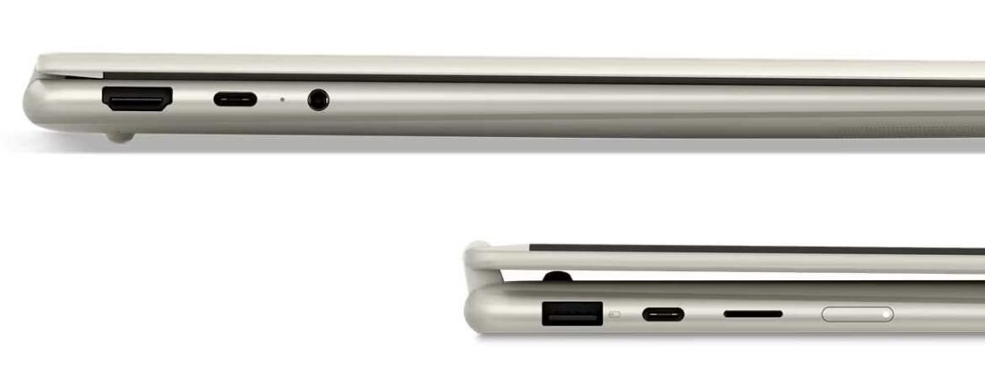 Porty i złącza w laptopie Lenovo Yoga 7 2w1 10. generacji – widok boczny na porty HDMI, USB-C, gniazdo audio, czytnik kart microSD i przycisk zasilania w smukłej obudowie. - HDMI, USB-C, USB-A