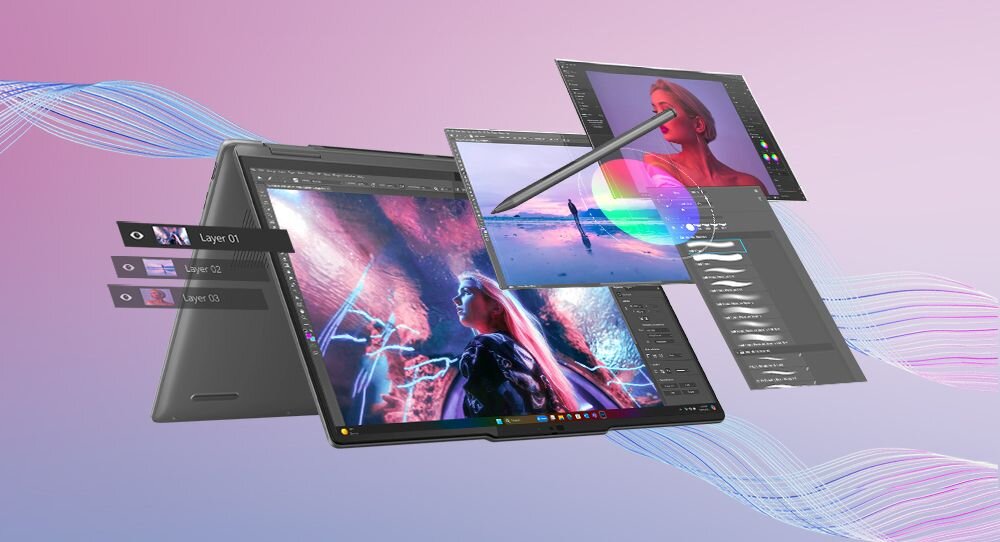 Lenovo Yoga 7 2w1 10. generacji w trybie tabletu z piórkiem cyfrowym, wyświetlający zaawansowane aplikacje graficzne i warstwy edycji na ekranie dotykowym, dobry do pracy kreatywnej.- Opis serii Yoga
