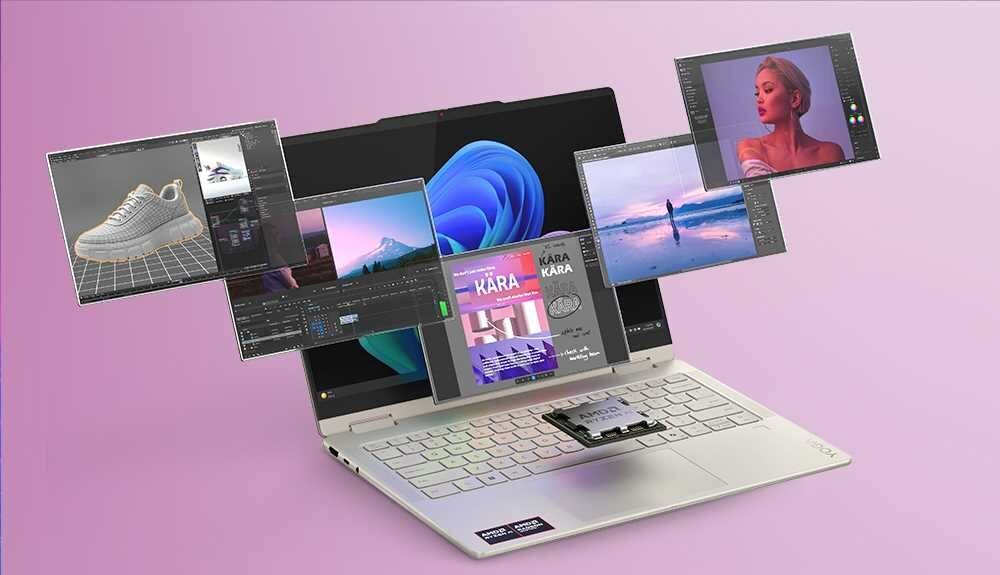 Laptop Lenovo Yoga 7 2w1 10. generacji w jasnej obudowie, prezentujący ekran z systemem Windows 11 i wieloma otwartymi aplikacjami graficznymi, podkreślający wydajność i wielozadaniowość. - AMD Ryzen RAM DDR5 dysk SSD AMD Radeon