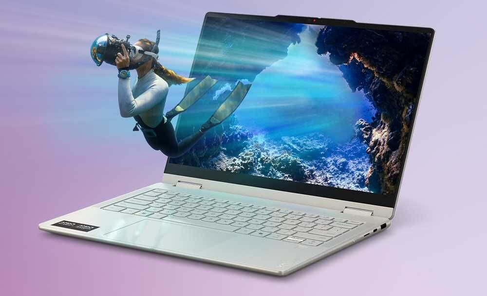 Laptop Lenovo Yoga 7 2w1 10. generacji z ekranem OLED, z którego wyłania się realistyczna grafika nurka badającego podwodny świat, podkreślająca żywe kolory i głęboką czerń wyświetlacza. - Ekran PureSight 14 WUXGA