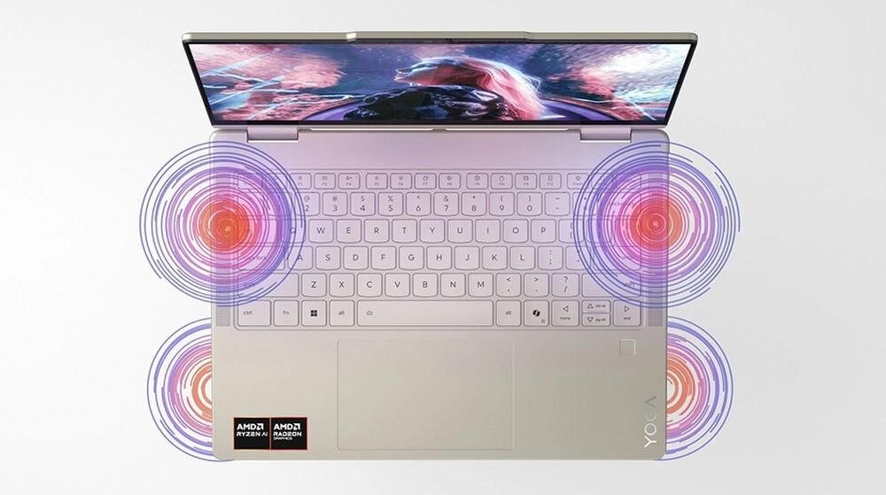 Laptop Lenovo Yoga 7 2w1 10. generacji z procesorem AMD Ryzen i Radeon, widok z góry na srebrną klawiaturę i ekran z dynamiczną grafiką, wizualizacja systemu dźwięku Dolby Atmos z czterema głośnikami. - Cztery głośniki Dolby Atmos
