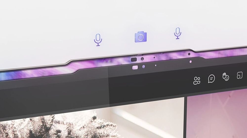 Górna ramka laptopa Lenovo Yoga Slim 7 Aura Edition z kamerą internetową i ikonami czterech mikrofonów 3D oraz funkcji redukcji szumów, zaawansowana technologia audio do wideokonferencji. - Cztery mikrofony 3D z zaawansowaną redukcją hałasu