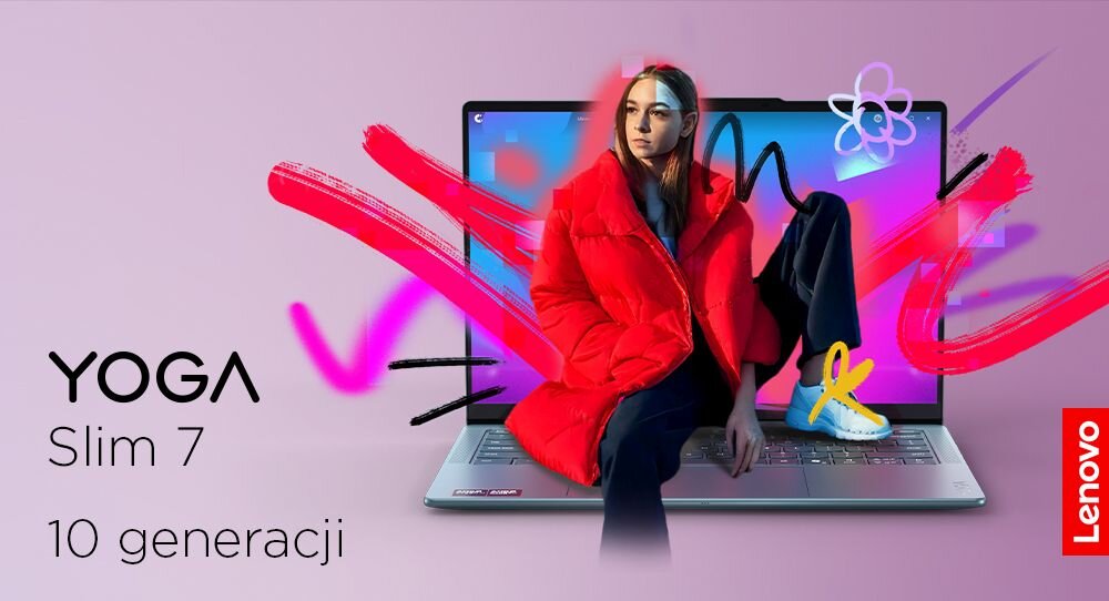 Kobieta w czerwonej kurtce siedząca na laptopie Lenovo Yoga Slim 7 10. generacji z dynamicznymi czerwonymi efektami graficznymi 3D wyłaniającymi się z ekranu, na różowo-fioletowym tle z logo Lenovo. 