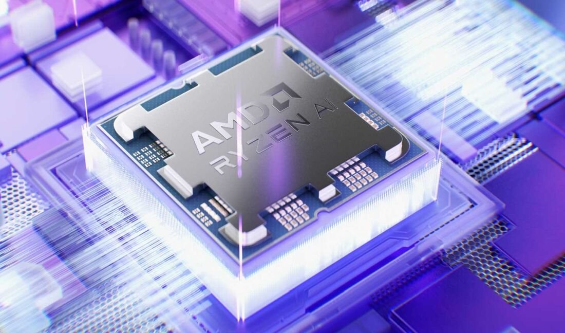 Procesor AMD Ryzen AI na fioletowej płycie głównej z dynamicznymi połączeniami świetlnymi – wizualizacja wydajności i technologii sztucznej inteligencji w laptopie Lenovo Yoga Slim 7. - AMD Ryzen RAM LPDDR5x dysk SSD AMD Radeon 