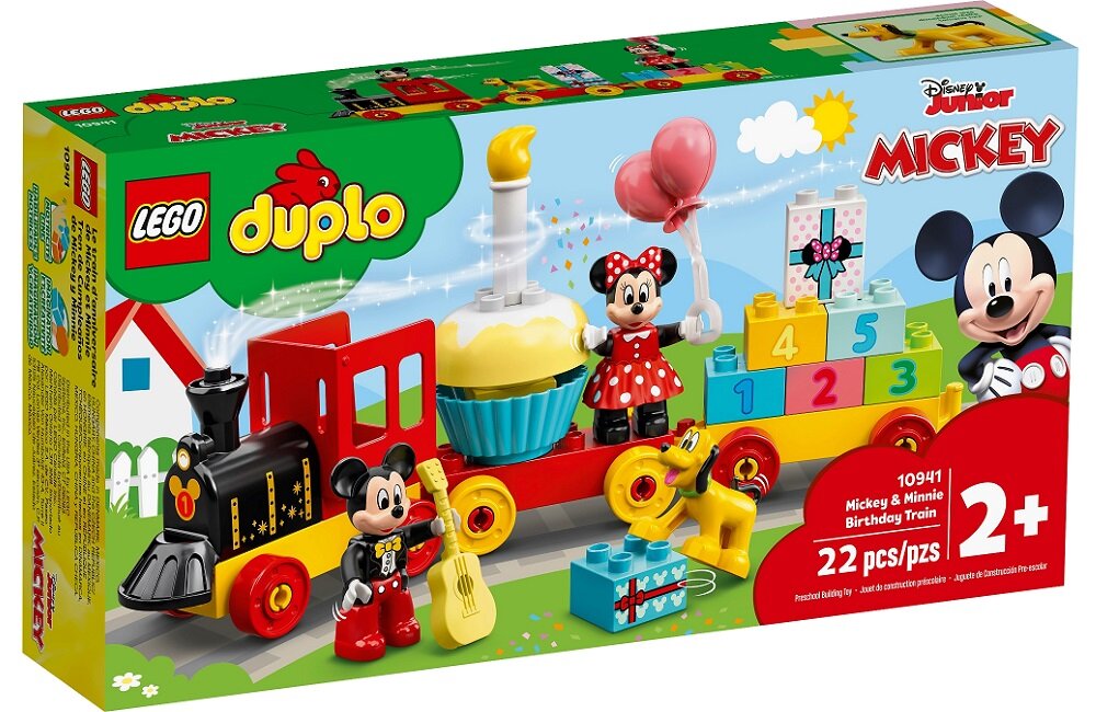 Opakowanie zestawu LEGO DUPLO z motywem Myszki Miki i Minnie, przedstawiające kolorowy pociąg z klocków oraz figurki postaci. Na opakowaniu widnieje napis \'10941 Mickey & Minnie Birthday Train 22 pcs/pzs 2+\'.