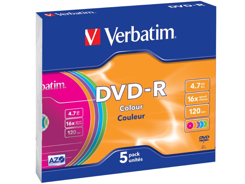 Płyta VERBATIM Colour Slim DVD-R, 4.7 GB, 16x (5 szt.)
                płyty w opakowaniu płyty optyczne odporność na kurz wilgoć zmiany temperatury technologia azo ochrona przed promieniowaniem