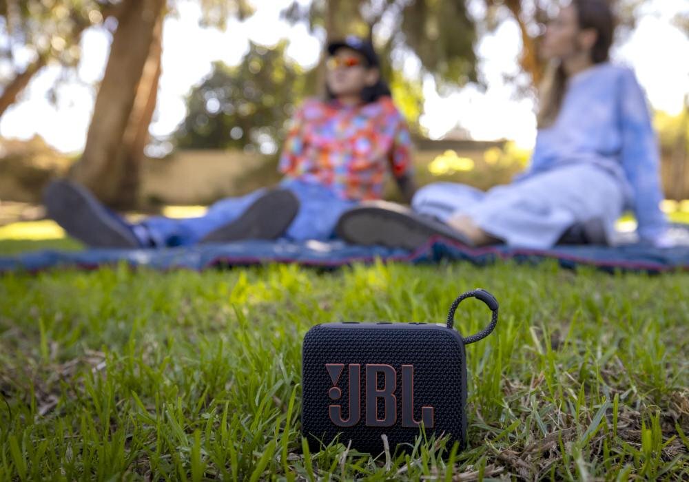 Na trawie znajduje się czarny głośnik z widocznym logo \'JBL\'. W tle dwie osoby siedzą na kocu w parku.