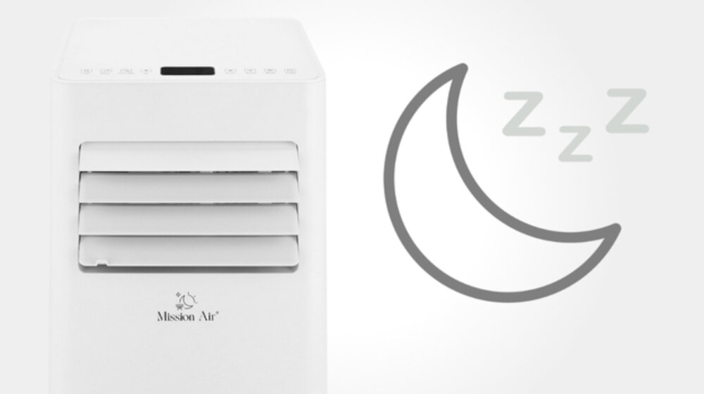 Biały klimatyzator z logo \'Mission Air\' i symbolem księżyca z literami \'zzz\' obok.