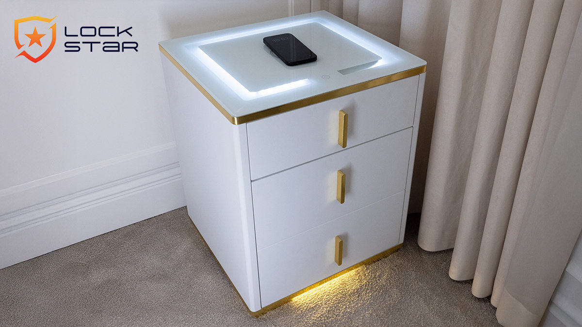 Sejf EXTRALINK Lockstar EX.27344 system bezprzewodowego ładowania trójkolorowe podświetlenie czułością na dotyk Pulpit z hartowanego szkła trwałość i odporność na zarysowania - sejf z telefonem na pulpicie