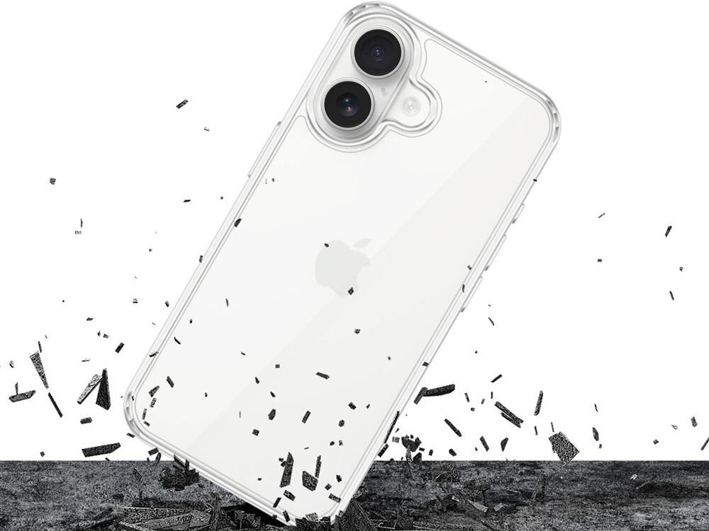Etui 3MK Armor Case do Apple iPhone 17 Przezroczysty prezentacja etui założonego na telefon telefon upadający bokiem i uderzający o twarde ciemne podłoże białe tło