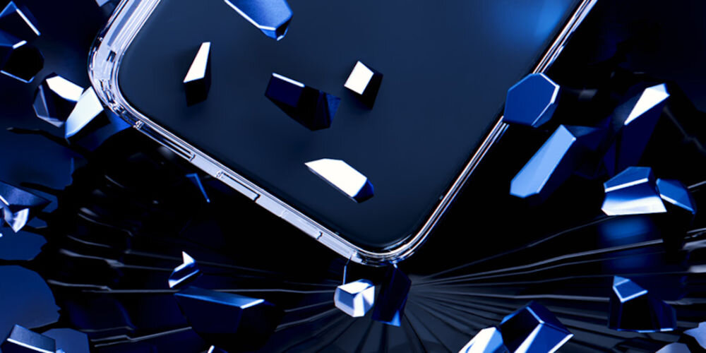 Etui 3MK Armor Case do Apple iPhone 17 Pro Przezroczysty zbliżenie na telefon uderzający w szkło granatowe tło wytrzymałość Grant4com trwałość rygorystyczne testy