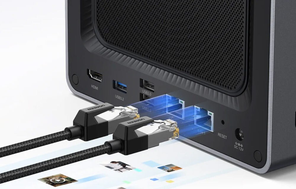 Serwer plików UGREEN NASync DXP4800 Plus 8GB RAM zbliżenie na porty znajdujące się w serwerze na jasnym tle imitacja przesyłu zdjęć i filmów na serwer dwa porty sieciowe transfer danych prędkość płynna praca zdalna współpraca centrum multimedialne