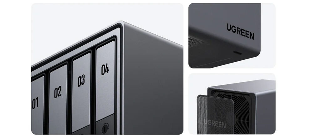 Serwer plików UGREEN NASync DXP4800 Plus 8GB RAM zbliżenia na konstrukcje z aluminium i otwarty wentylator na białym tle konstrukcja ze stopu aluminium odprowadza ciepło system chłodzenia trzy tryby tryb Quiet hałas na poziomi 29-34 dB komfortowe użytkowanie