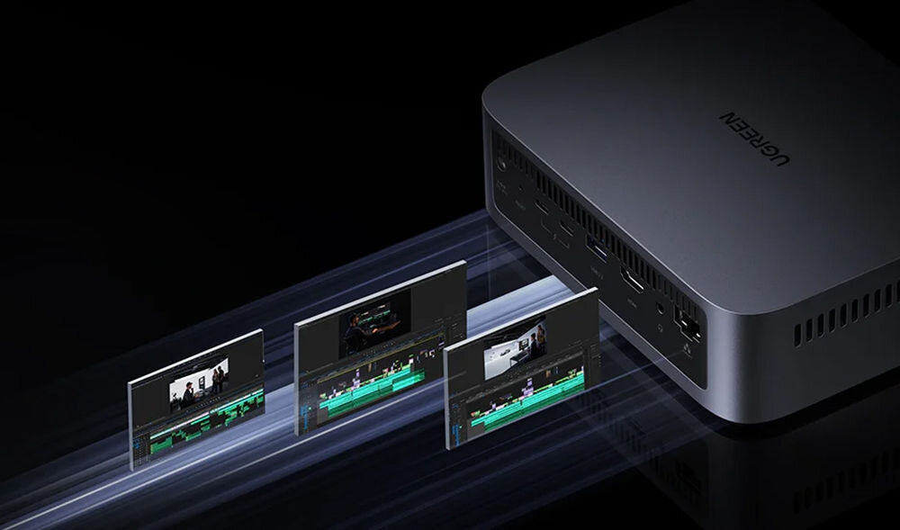 Serwer plików UGREEN NASync DXP480T Plus 8GB RAM prezentacja serwera plików pod kątem na ciemnym tle wizualizacja przepływu plików wideo podczas edytowania w programie pamięć RAM DDR5 8 GB taktowanie płynność działania możliwość rozbudowy do 64 GB