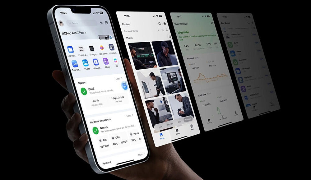 Serwer plików UGREEN NASync DXP8800 Plus 8GB RAM prezentacja aplikacji na telefonie trzymanym w ręce pokazanie 4 ekranów z różnymi opcjami ciemne tło zarządzanie plikami funkcja AI Photo Album inteligentny asystent analiza fotografii automatyczne usuwanie duplikatów
